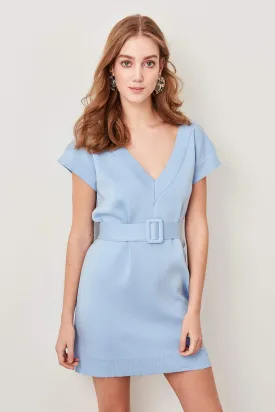11594 Blue Belted Cotton Blend Sweater Dress