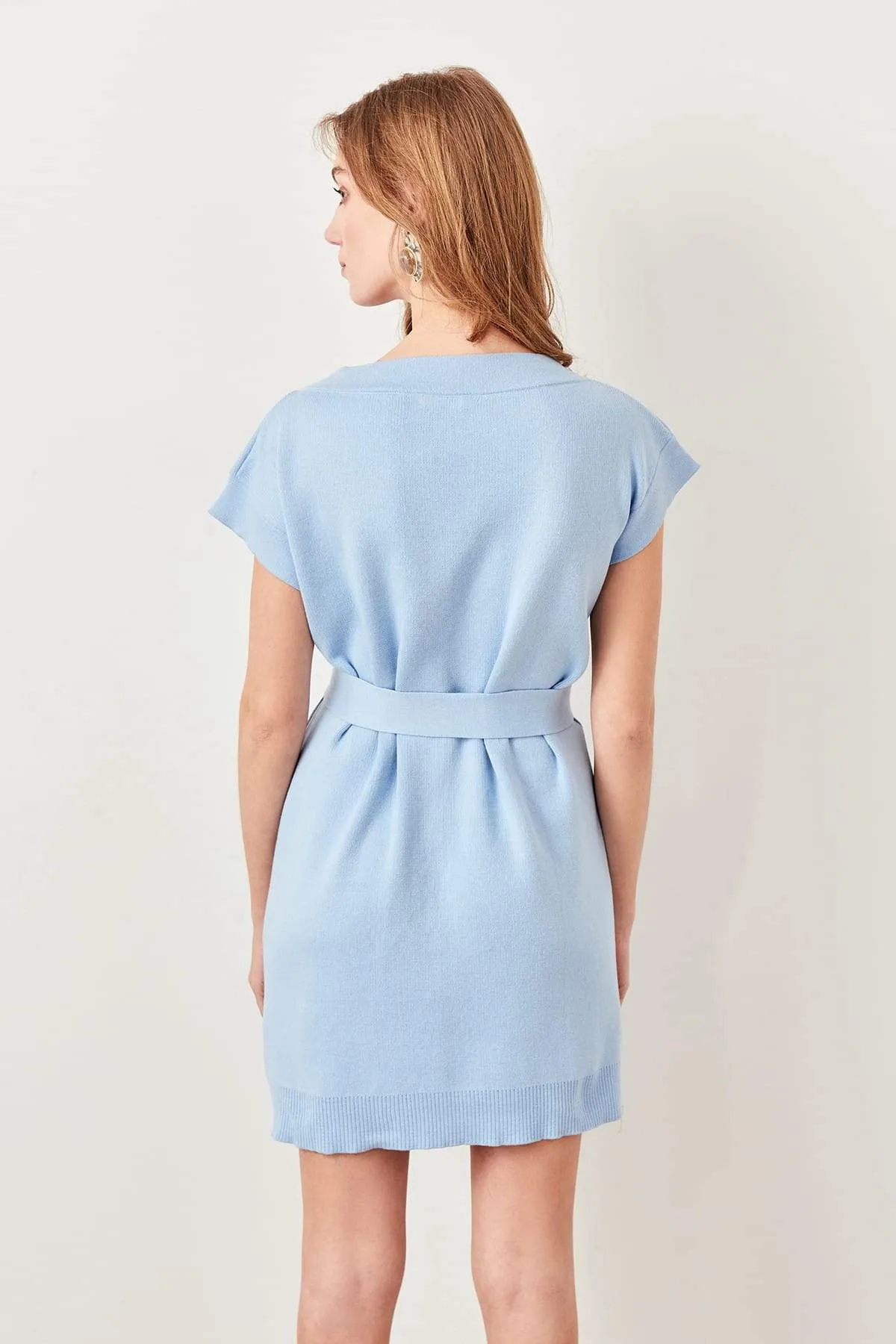 11594 Blue Belted Cotton Blend Sweater Dress