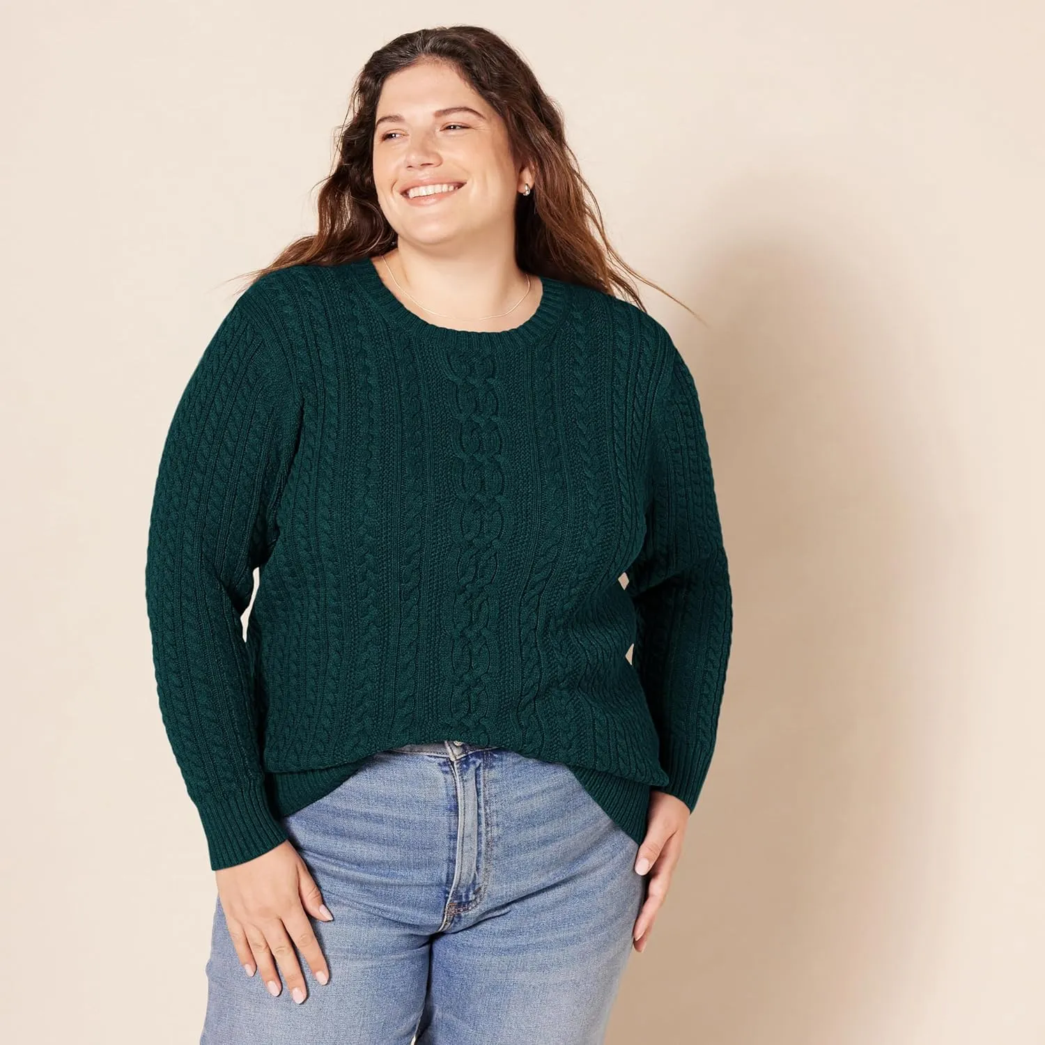 Amazon Essentials Women's Soft Fisherman Cable Long-Sleeve Crewneck Sweater (Available in Plus Size)