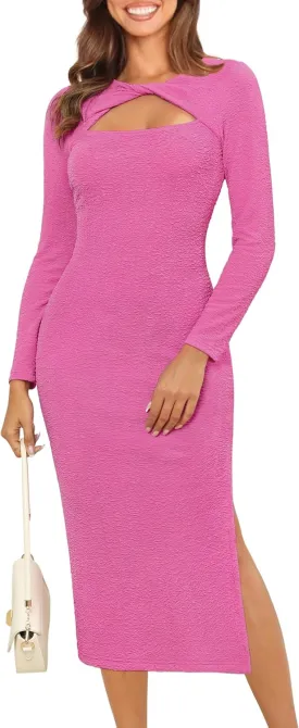 Annebouti Women's Fall Long Sleeve Cut Out Wedding Guest Dresses Side Slit Ribbed Bodycon Cocktail Midi Dress