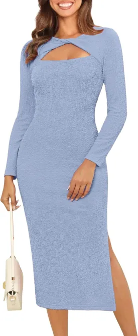 Annebouti Women's Fall Long Sleeve Cut Out Wedding Guest Dresses Side Slit Ribbed Bodycon Cocktail Midi Dress