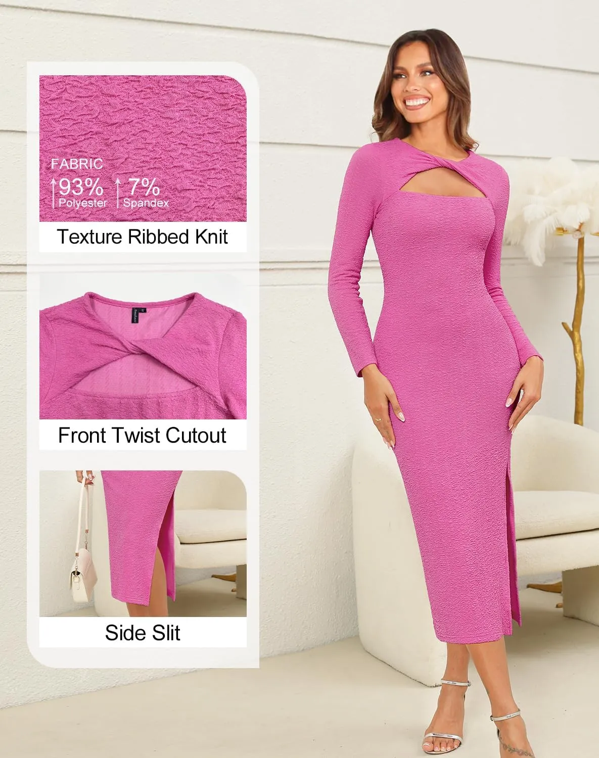 Annebouti Women's Fall Long Sleeve Cut Out Wedding Guest Dresses Side Slit Ribbed Bodycon Cocktail Midi Dress