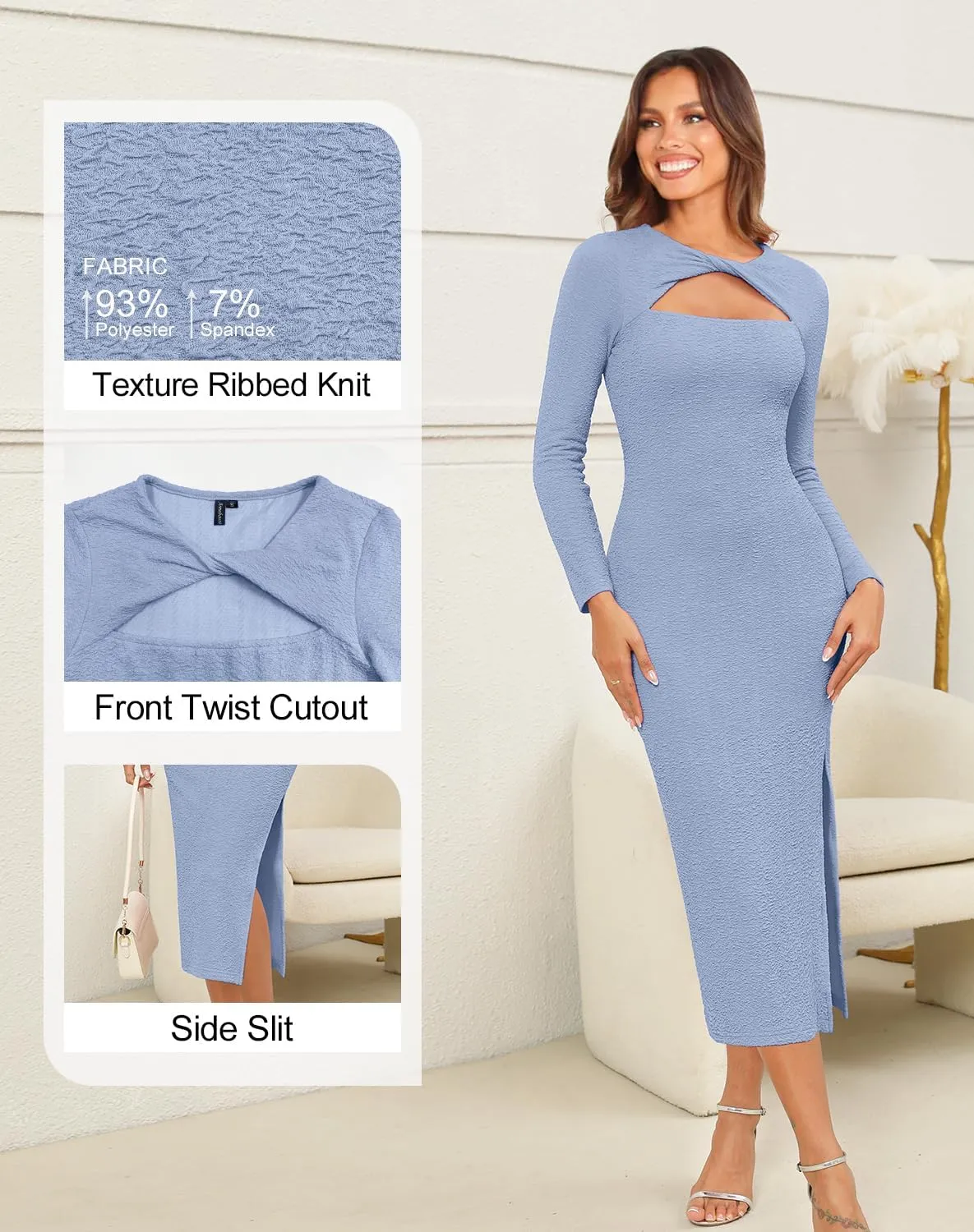 Annebouti Women's Fall Long Sleeve Cut Out Wedding Guest Dresses Side Slit Ribbed Bodycon Cocktail Midi Dress