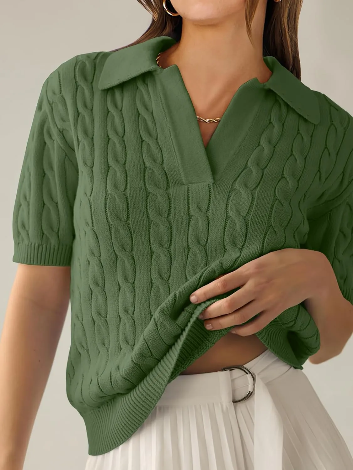 ANRABESS Women's Short Sleeve Sweaters Tops Polo V Neck Cable Knit Casual Soft Pullover Shirts 2025 Summer Outfits