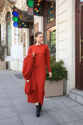 Badeh Deep Red Two Piece Knit Trico Dress and Sweater Set