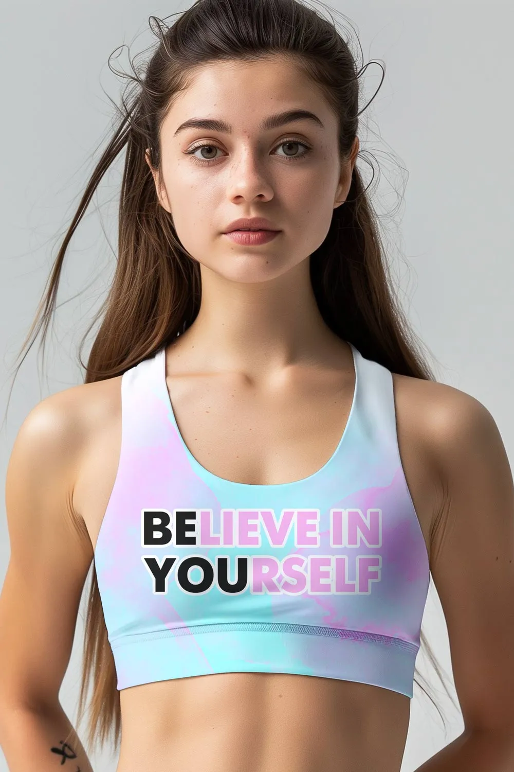 Be You Stella Pink & Mint Seamless Racerback Sport Yoga Bra - Women