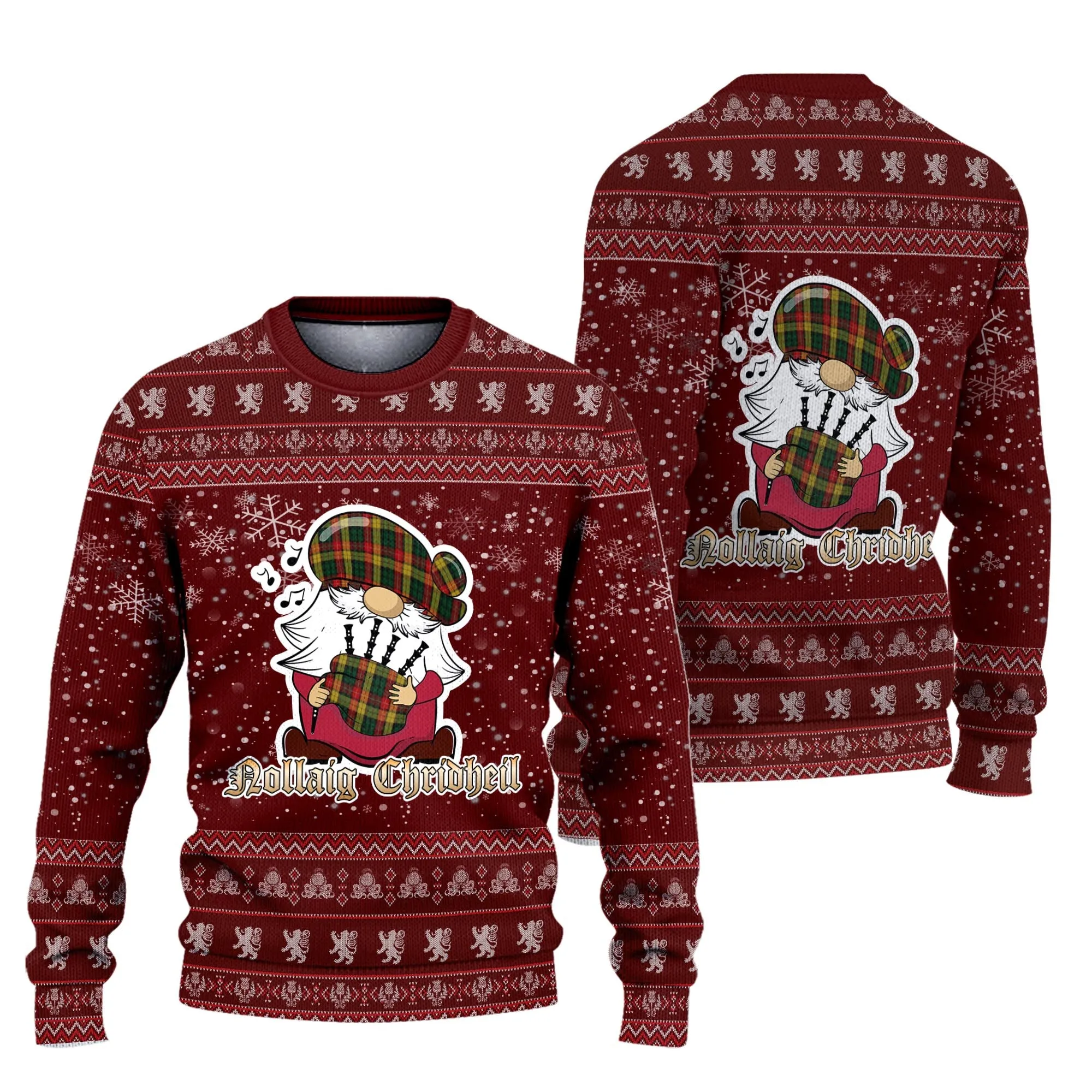 Buchanan Clan Christmas Family Ugly Sweater with Funny Gnome Playing Bagpipes
