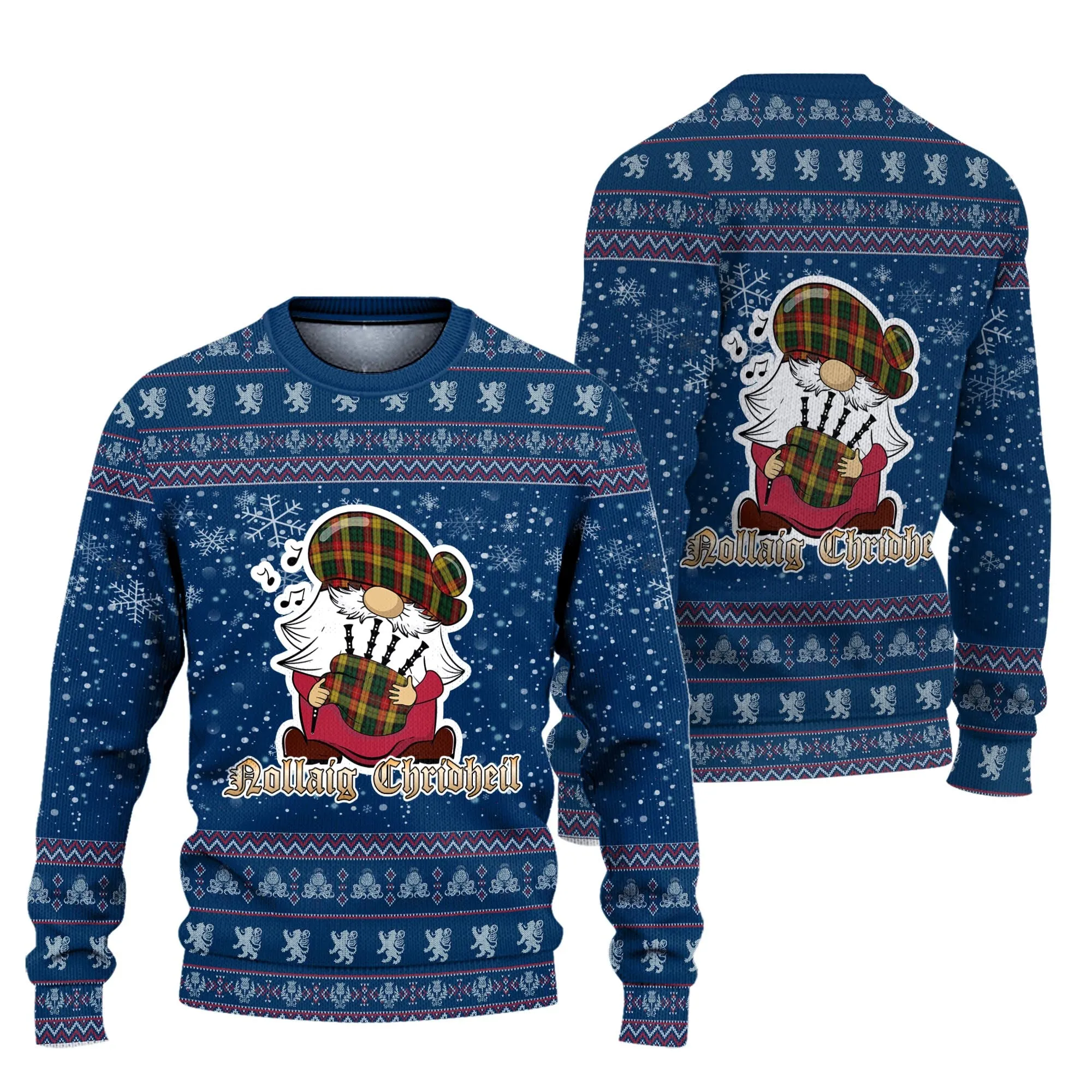 Buchanan Clan Christmas Family Ugly Sweater with Funny Gnome Playing Bagpipes