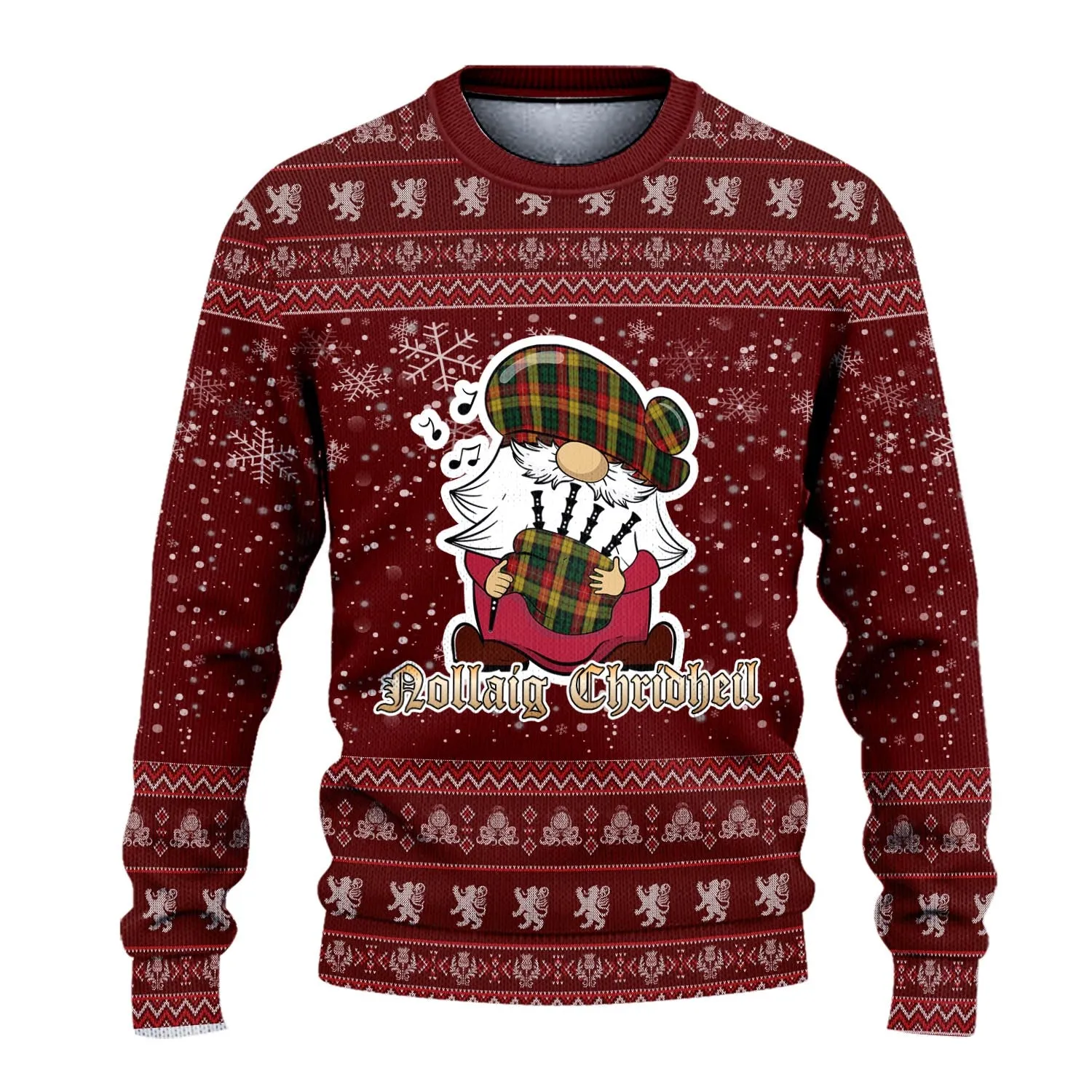 Buchanan Clan Christmas Family Ugly Sweater with Funny Gnome Playing Bagpipes