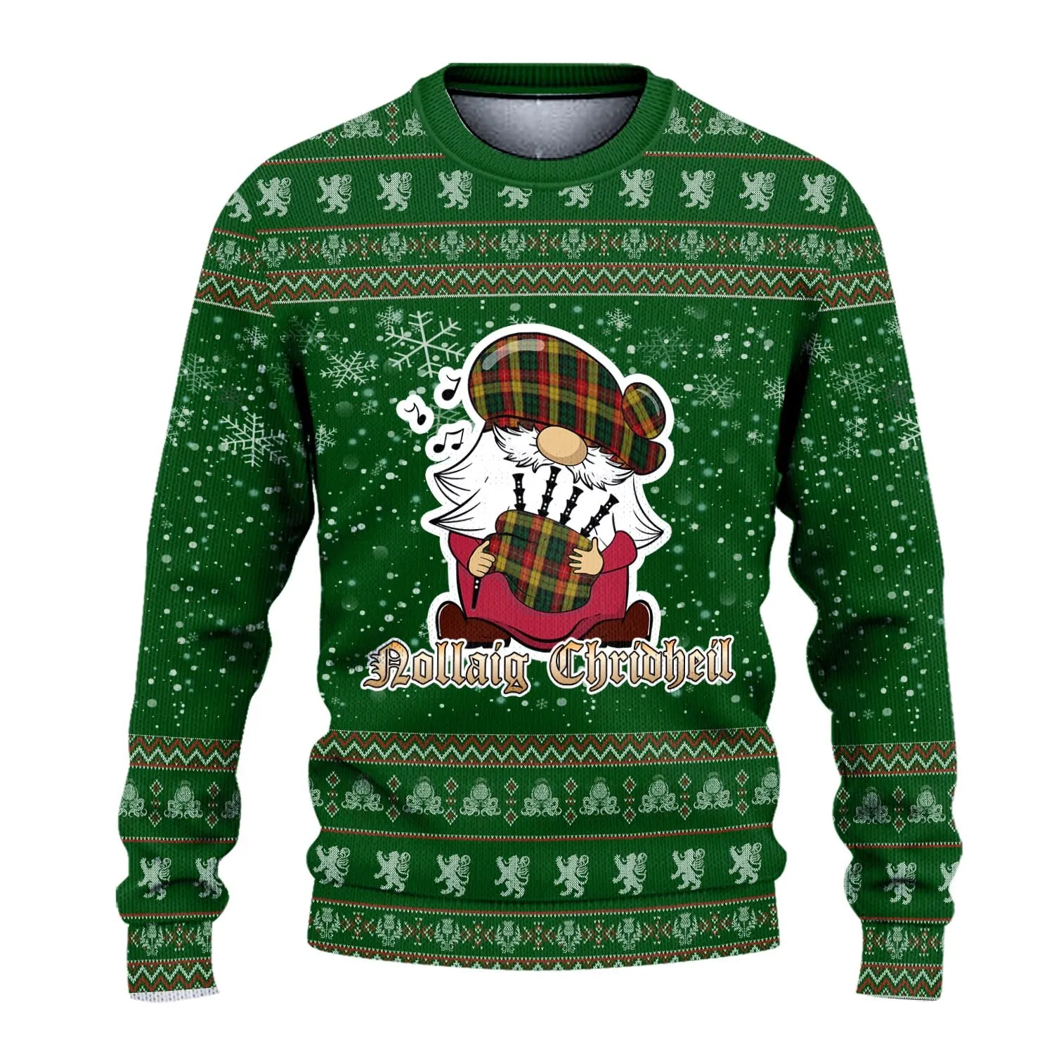 Buchanan Clan Christmas Family Ugly Sweater with Funny Gnome Playing Bagpipes