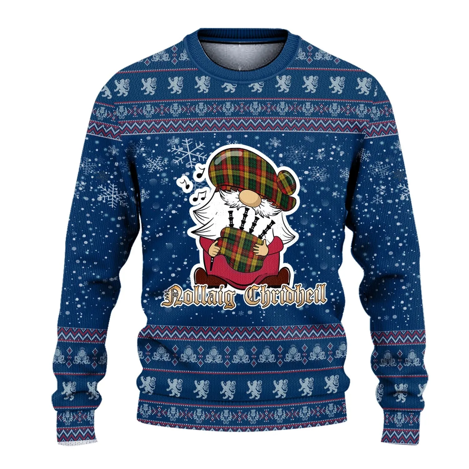 Buchanan Clan Christmas Family Ugly Sweater with Funny Gnome Playing Bagpipes
