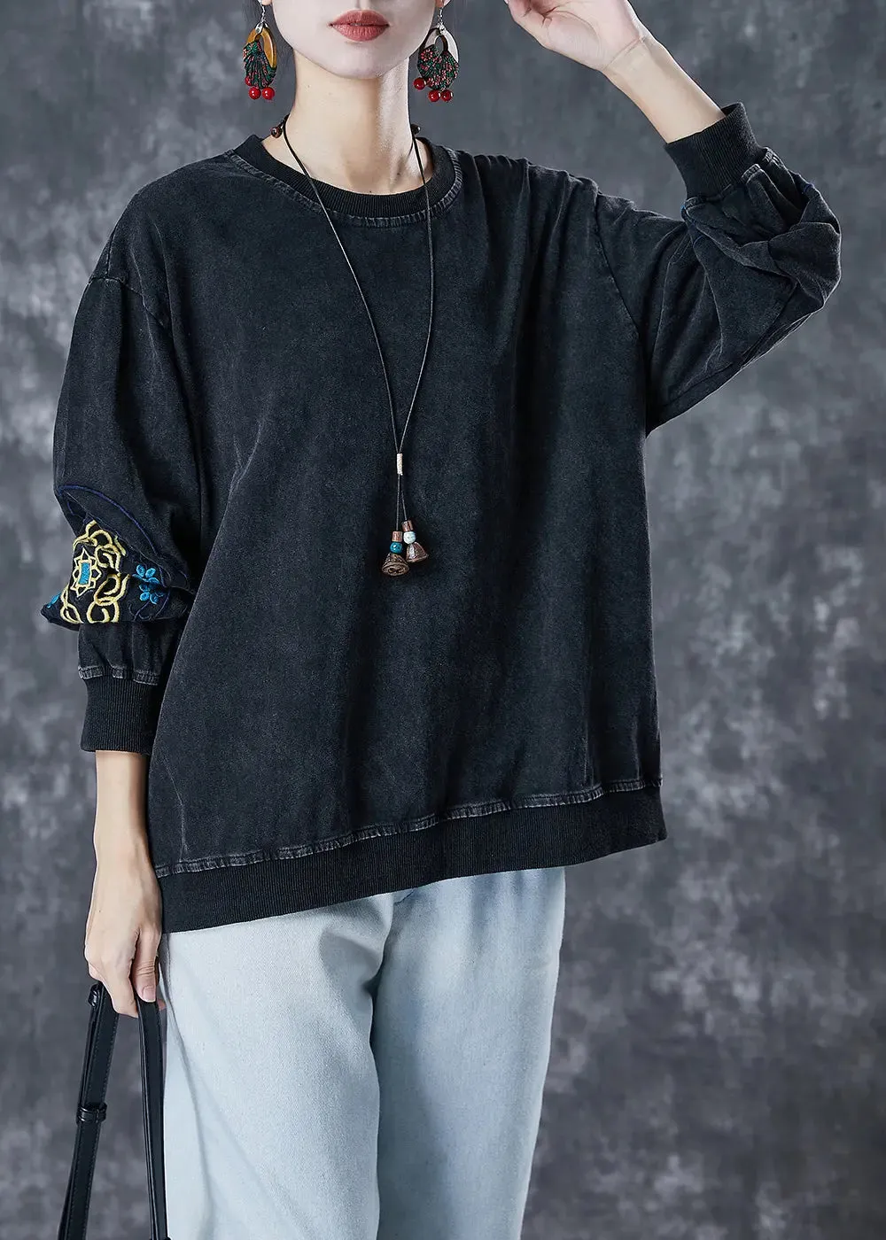 Cotton Pullover Sweatshirt Embroidered Fall