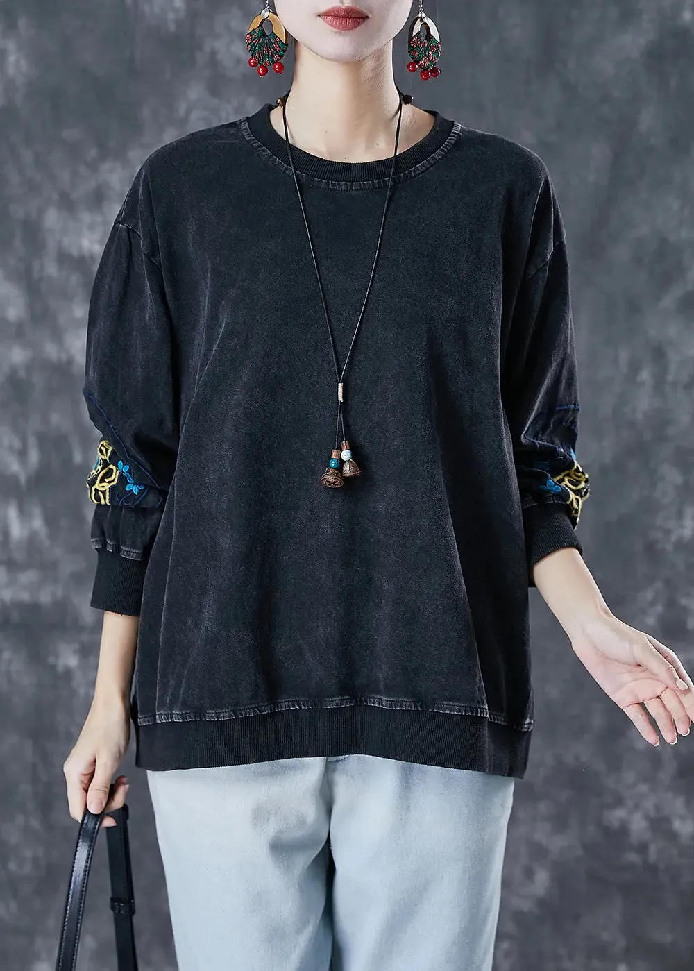 Cotton Pullover Sweatshirt Embroidered Fall
