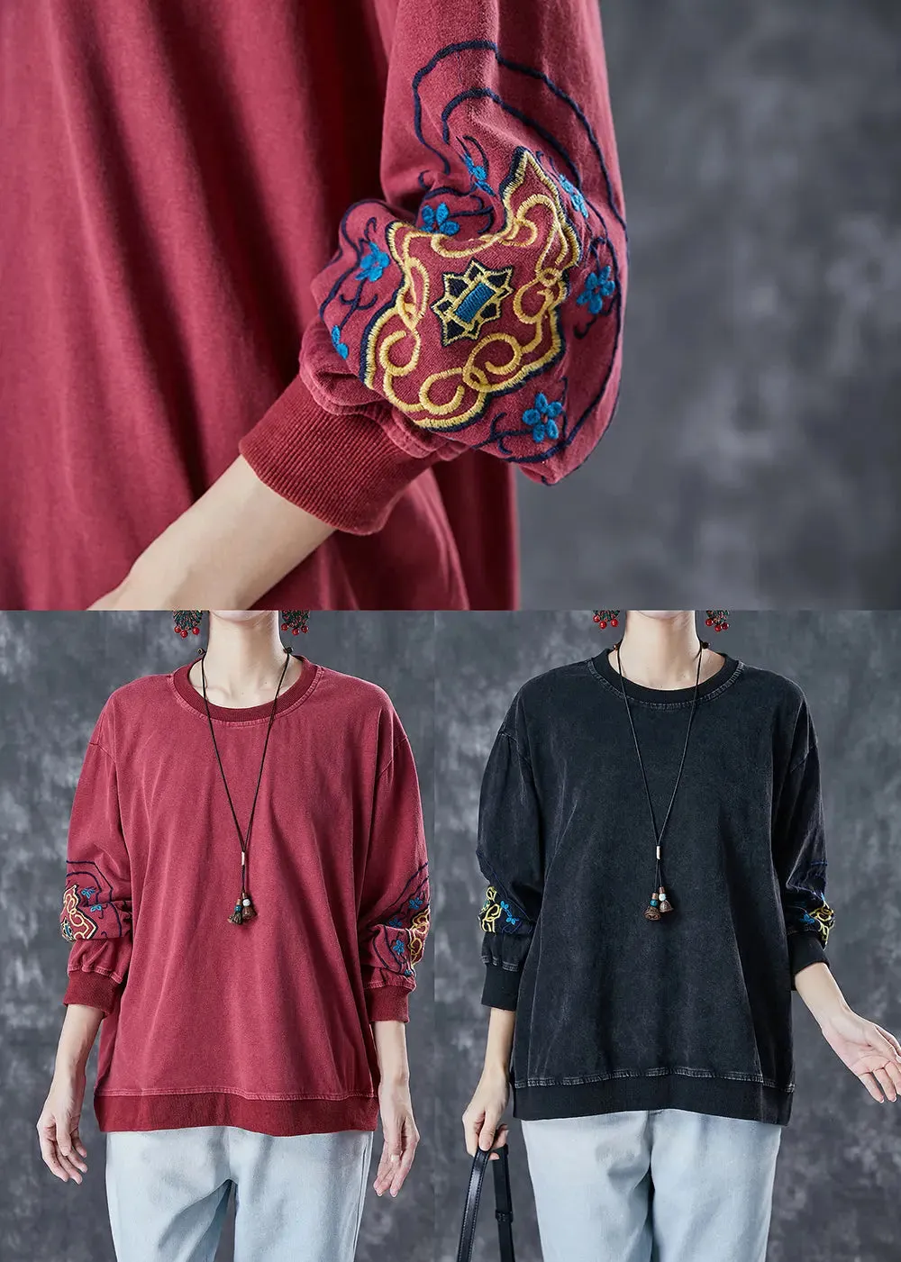Cotton Pullover Sweatshirt Embroidered Fall