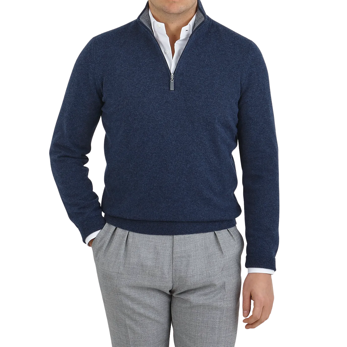 Dark Blue Melange Wool Cashmere 1/4 Zip Sweater
