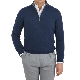 Dark Blue Melange Wool Cashmere 1/4 Zip Sweater