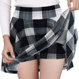 DJT Women Plaid Skirts Soft Stretchy High Waist Flared A-Line Mini Skater Skirt with Shorts