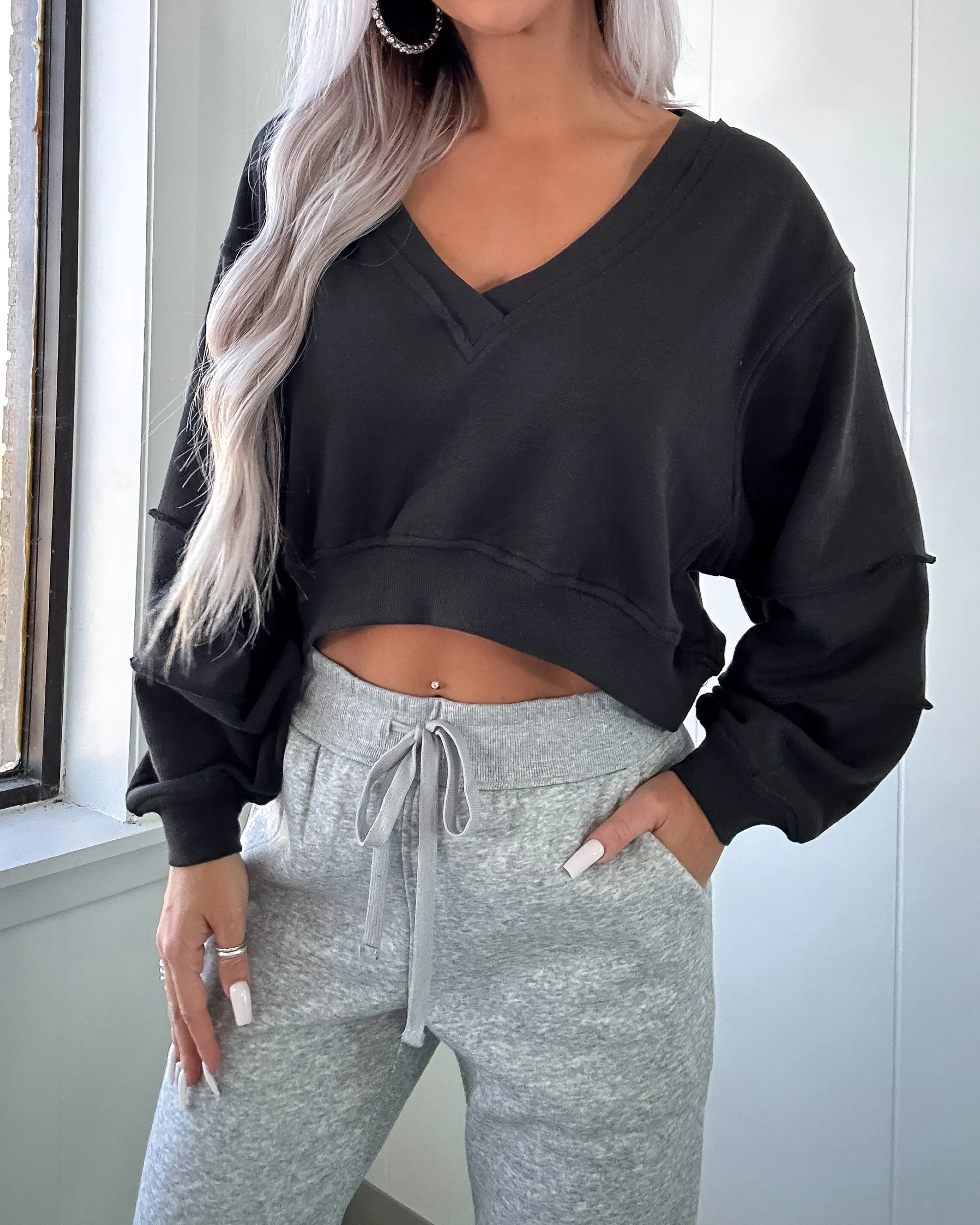 DOORBUSTER Black French Terry V-Neck Sweater
