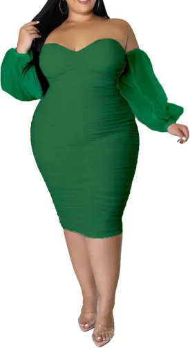EDITCOZY Women Plus Size Off Shoulder Mesh Long Sleeve Bodycon Club Cocktail Ruched Midi Dress
