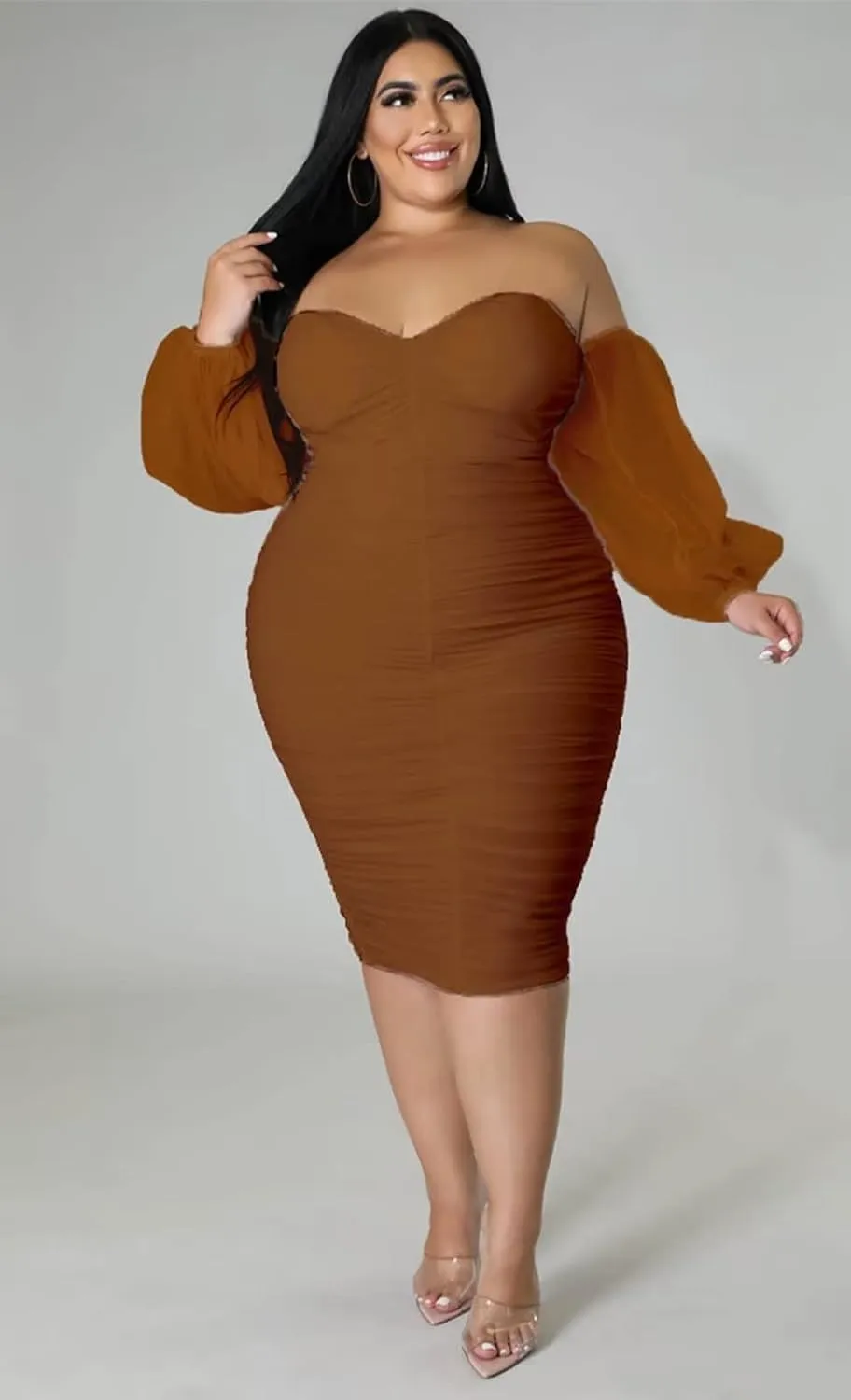 EDITCOZY Women Plus Size Off Shoulder Mesh Long Sleeve Bodycon Club Cocktail Ruched Midi Dress