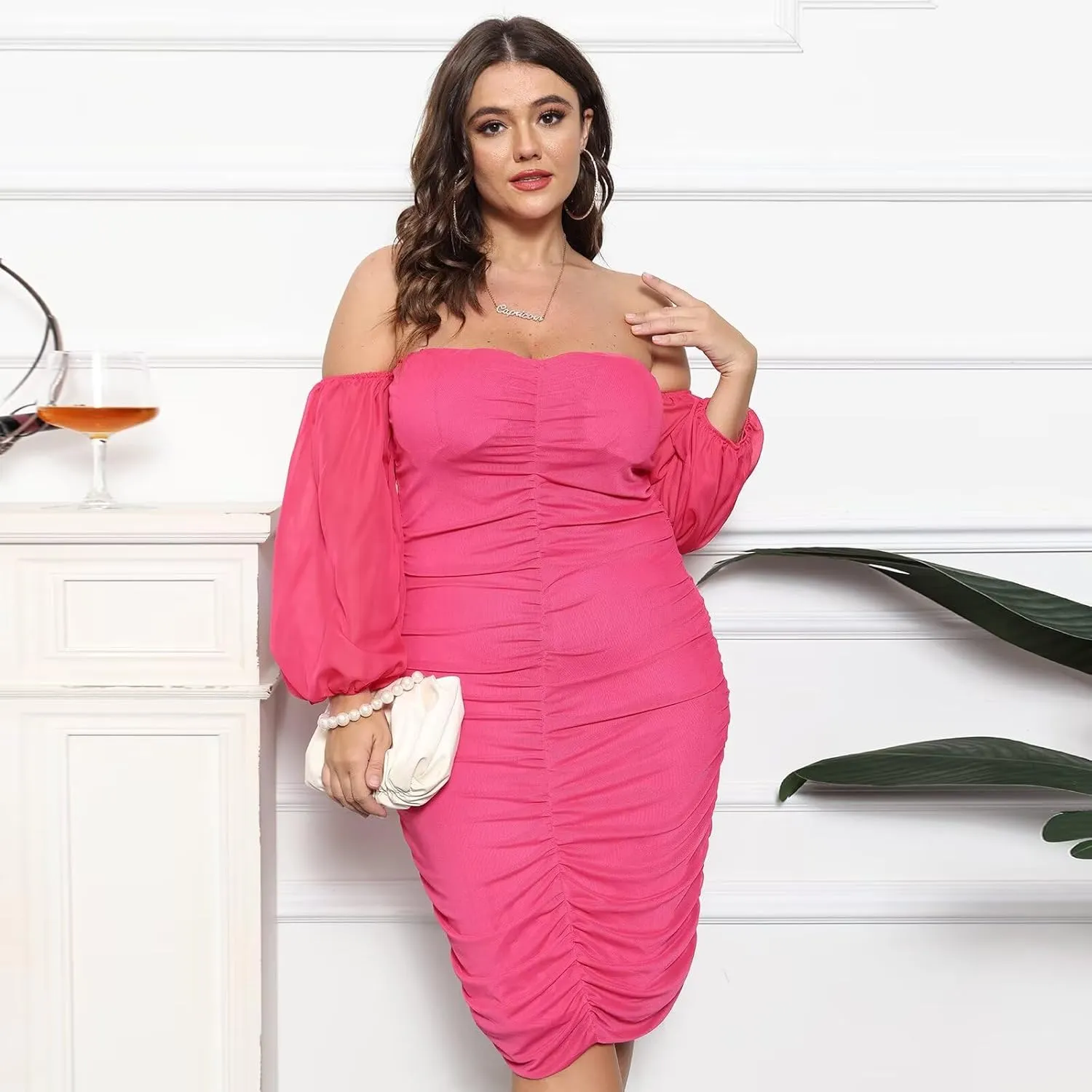 EDITCOZY Women Plus Size Off Shoulder Mesh Long Sleeve Bodycon Club Cocktail Ruched Midi Dress