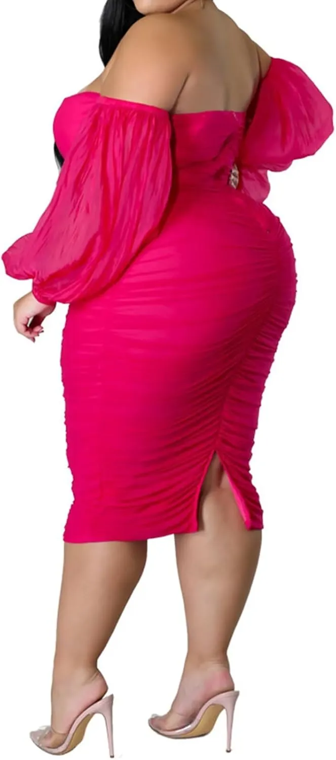 EDITCOZY Women Plus Size Off Shoulder Mesh Long Sleeve Bodycon Club Cocktail Ruched Midi Dress