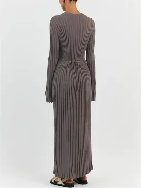 FEORJGP Womens Long Sleeve Rib Knit Long Dress Elegant Crew Neck Ribbed Knitted Midi Dress Solid Color Maxi Dress Streetwear