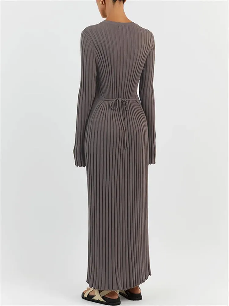 FEORJGP Womens Long Sleeve Rib Knit Long Dress Elegant Crew Neck Ribbed Knitted Midi Dress Solid Color Maxi Dress Streetwear