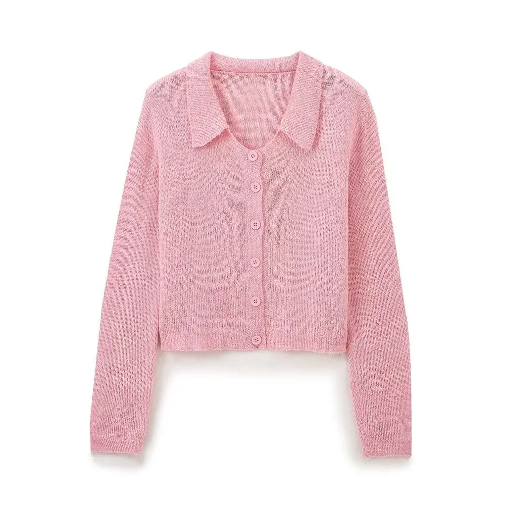 Gentle Elegant Graceful Arabesquitic Fabric Pink Collared Knitwear Women Western Chic Small Top Autumn Winter