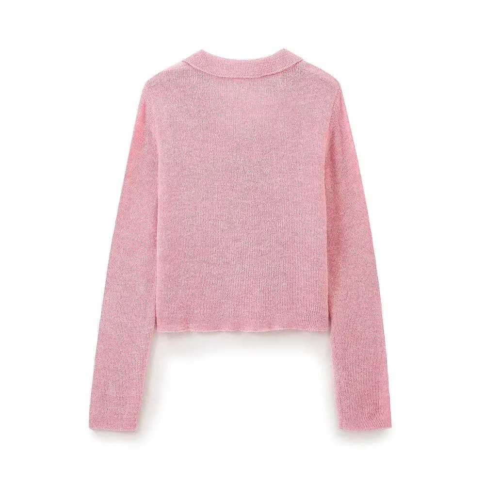 Gentle Elegant Graceful Arabesquitic Fabric Pink Collared Knitwear Women Western Chic Small Top Autumn Winter