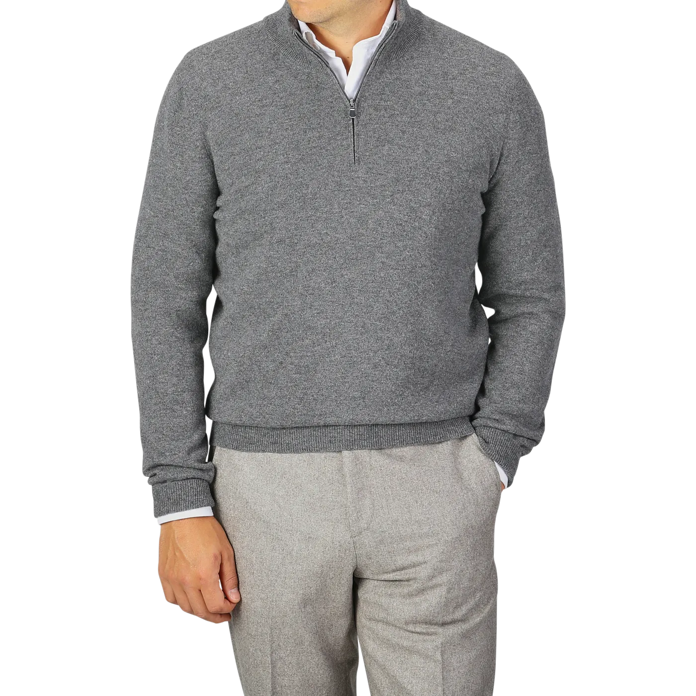 Grey Melange Wool Cashmere 1/4 Zip Sweater