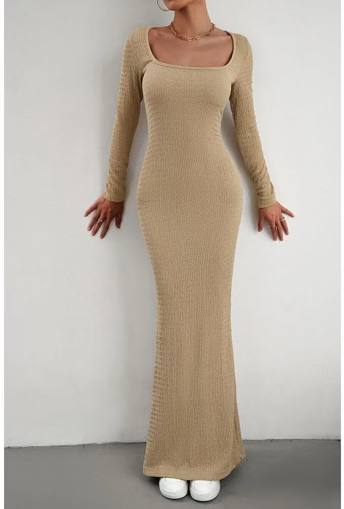 HANMAX Women's Sexy Ribbed Knit Lounge Tank Long Dress Elegant Long Sleeve Square Neck Bodycon Maxi Dresses