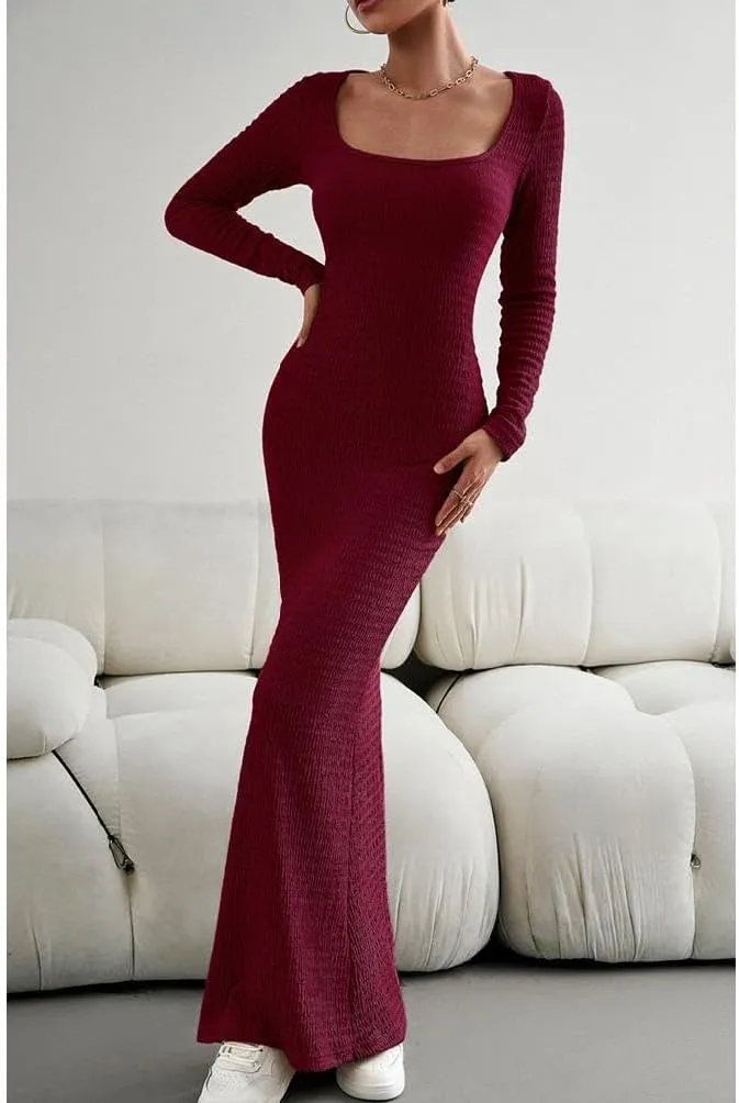 HANMAX Women's Sexy Ribbed Knit Lounge Tank Long Dress Elegant Long Sleeve Square Neck Bodycon Maxi Dresses