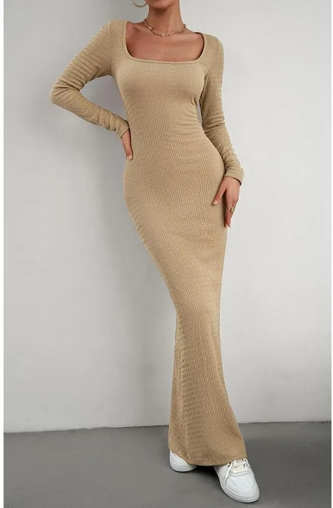 HANMAX Women's Sexy Ribbed Knit Lounge Tank Long Dress Elegant Long Sleeve Square Neck Bodycon Maxi Dresses