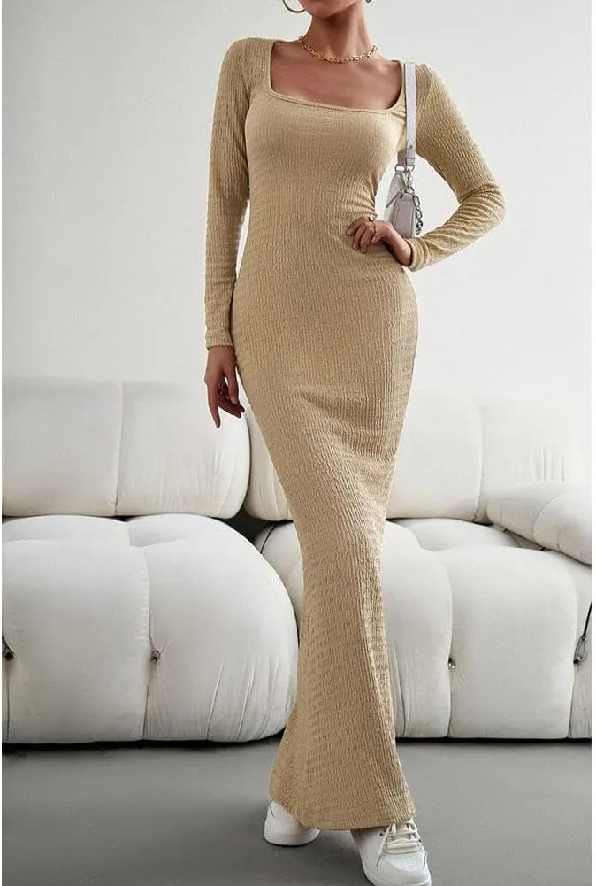 HANMAX Women's Sexy Ribbed Knit Lounge Tank Long Dress Elegant Long Sleeve Square Neck Bodycon Maxi Dresses