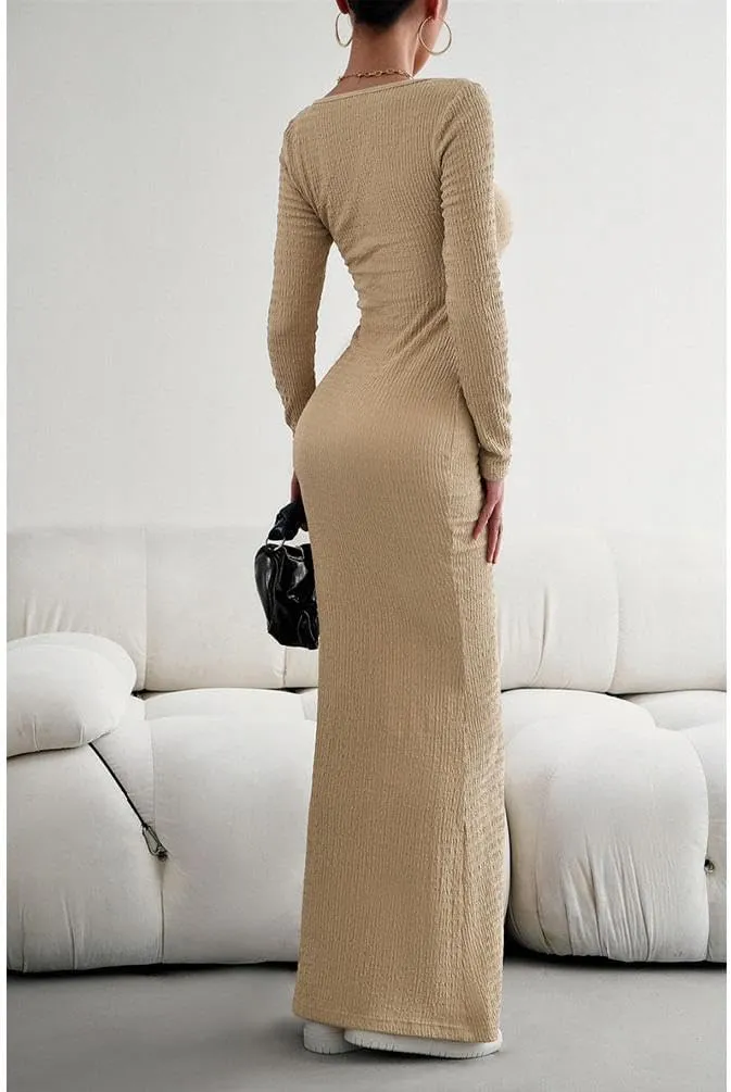 HANMAX Women's Sexy Ribbed Knit Lounge Tank Long Dress Elegant Long Sleeve Square Neck Bodycon Maxi Dresses