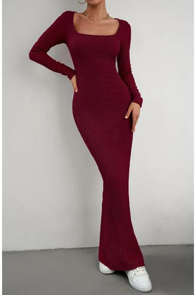 HANMAX Women's Sexy Ribbed Knit Lounge Tank Long Dress Elegant Long Sleeve Square Neck Bodycon Maxi Dresses