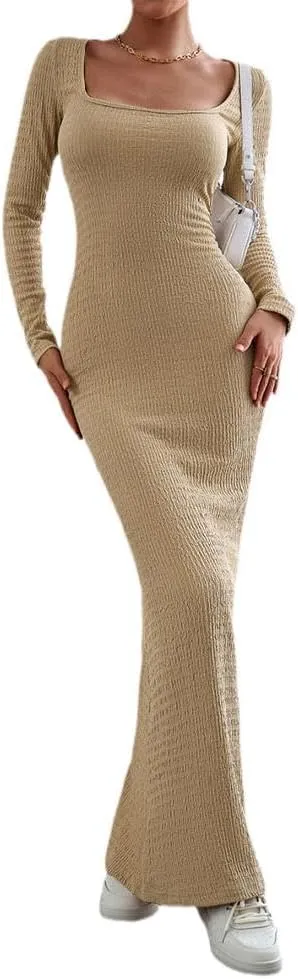 HANMAX Women's Sexy Ribbed Knit Lounge Tank Long Dress Elegant Long Sleeve Square Neck Bodycon Maxi Dresses