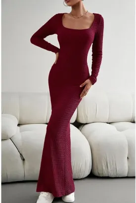 HANMAX Women's Sexy Ribbed Knit Lounge Tank Long Dress Elegant Long Sleeve Square Neck Bodycon Maxi Dresses