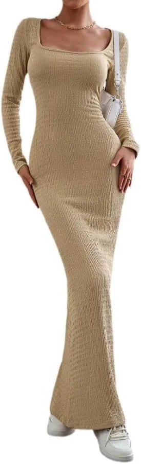 HANMAX Women's Sexy Ribbed Knit Lounge Tank Long Dress Elegant Long Sleeve Square Neck Bodycon Maxi Dresses