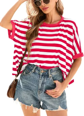 Iandroiy Tops for Women Striped 2025 Fashion T Shirts for Women Color Block Crewneck Design Loose Fit Basic Tee