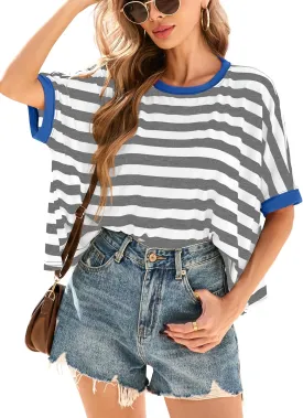 Iandroiy Tops for Women Striped 2025 Fashion T Shirts for Women Color Block Crewneck Design Loose Fit Basic Tee