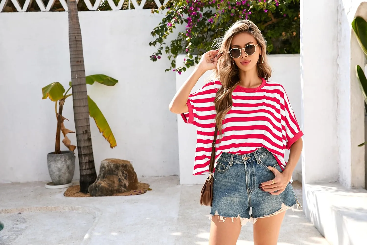 Iandroiy Tops for Women Striped 2025 Fashion T Shirts for Women Color Block Crewneck Design Loose Fit Basic Tee