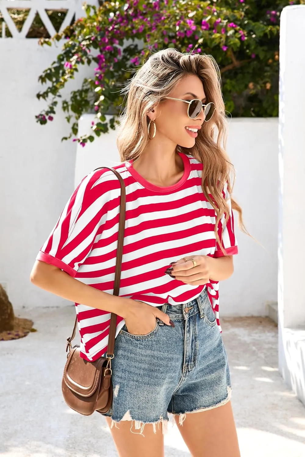 Iandroiy Tops for Women Striped 2025 Fashion T Shirts for Women Color Block Crewneck Design Loose Fit Basic Tee