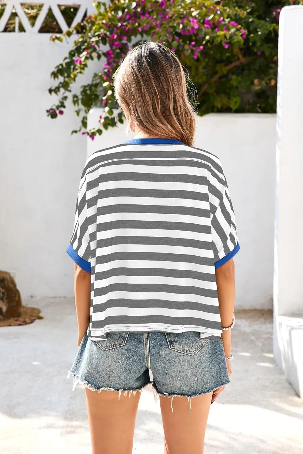 Iandroiy Tops for Women Striped 2025 Fashion T Shirts for Women Color Block Crewneck Design Loose Fit Basic Tee