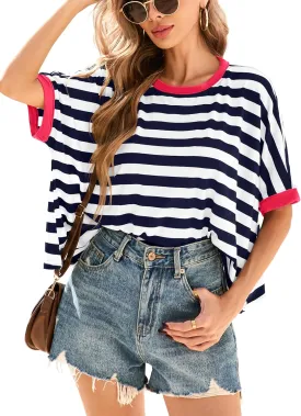 Iandroiy Tops for Women Striped 2025 Fashion T Shirts for Women Color Block Crewneck Design Loose Fit Basic Tee