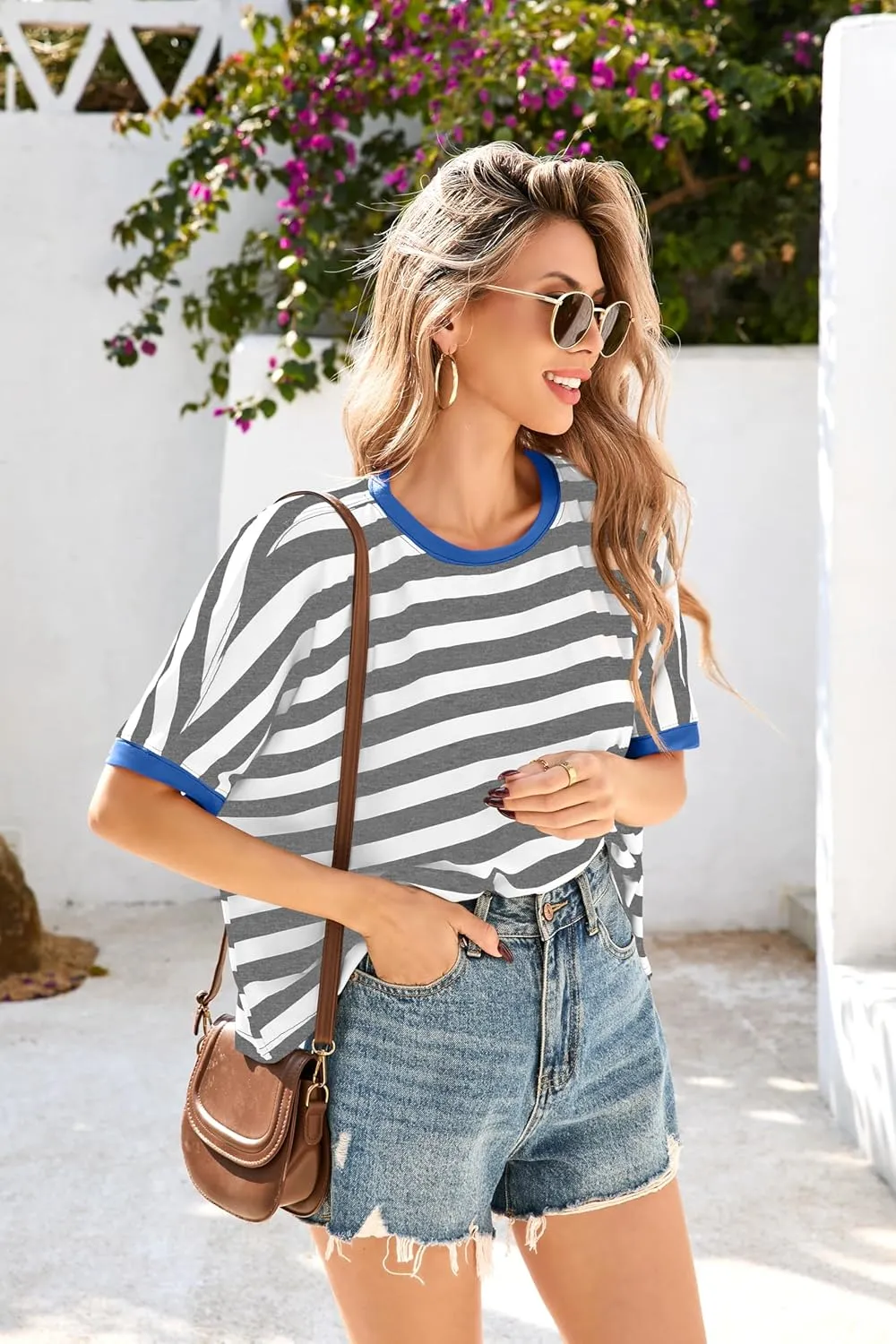 Iandroiy Tops for Women Striped 2025 Fashion T Shirts for Women Color Block Crewneck Design Loose Fit Basic Tee
