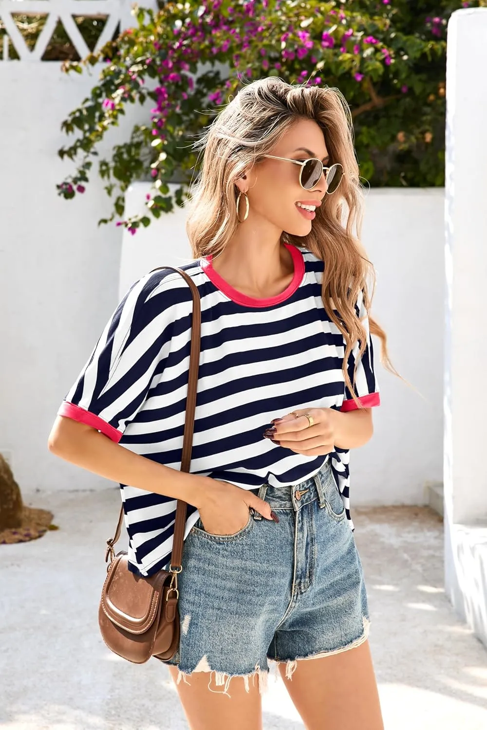 Iandroiy Tops for Women Striped 2025 Fashion T Shirts for Women Color Block Crewneck Design Loose Fit Basic Tee