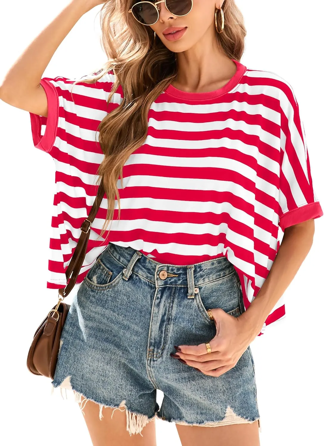 Iandroiy Tops for Women Striped 2025 Fashion T Shirts for Women Color Block Crewneck Design Loose Fit Basic Tee