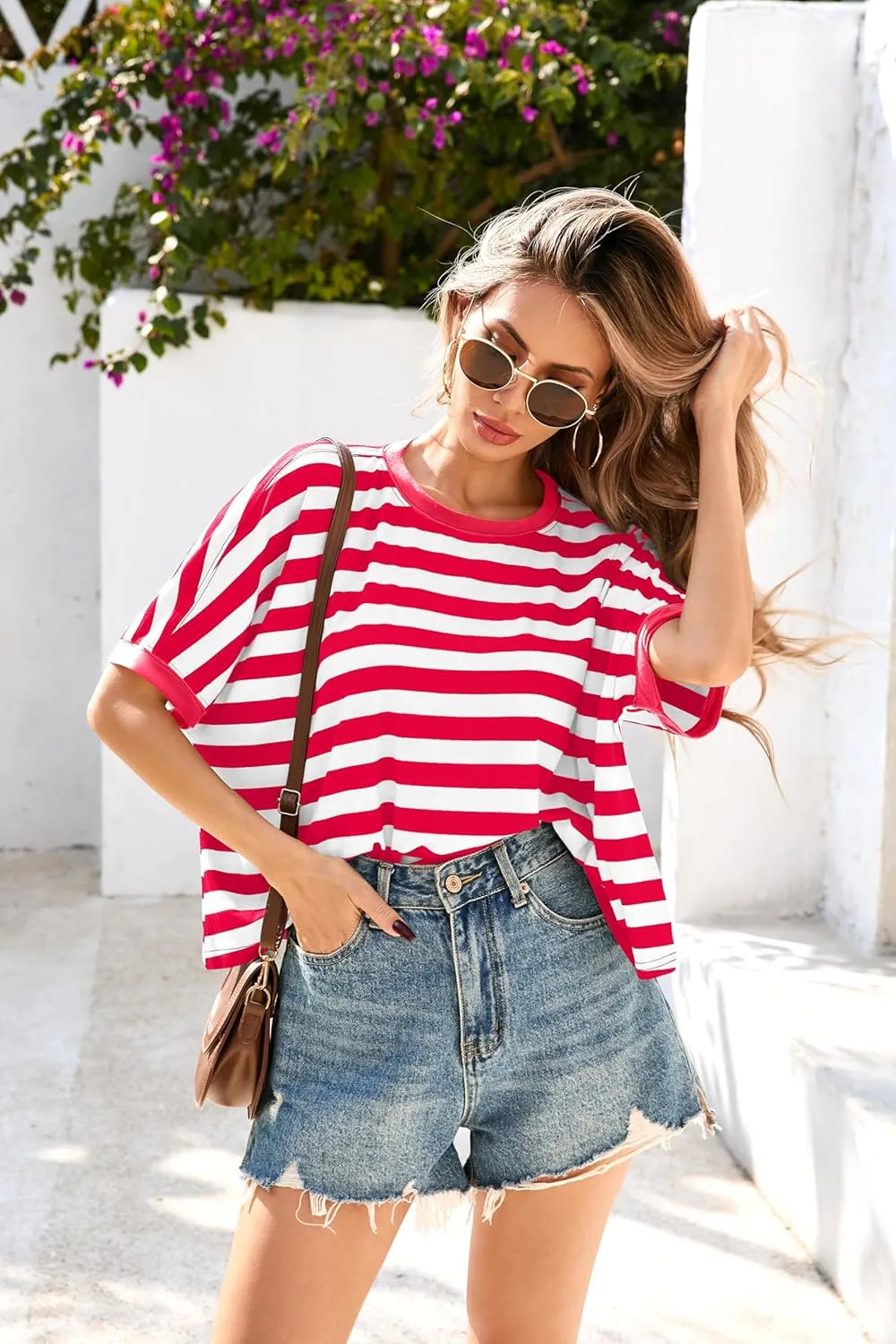 Iandroiy Tops for Women Striped 2025 Fashion T Shirts for Women Color Block Crewneck Design Loose Fit Basic Tee